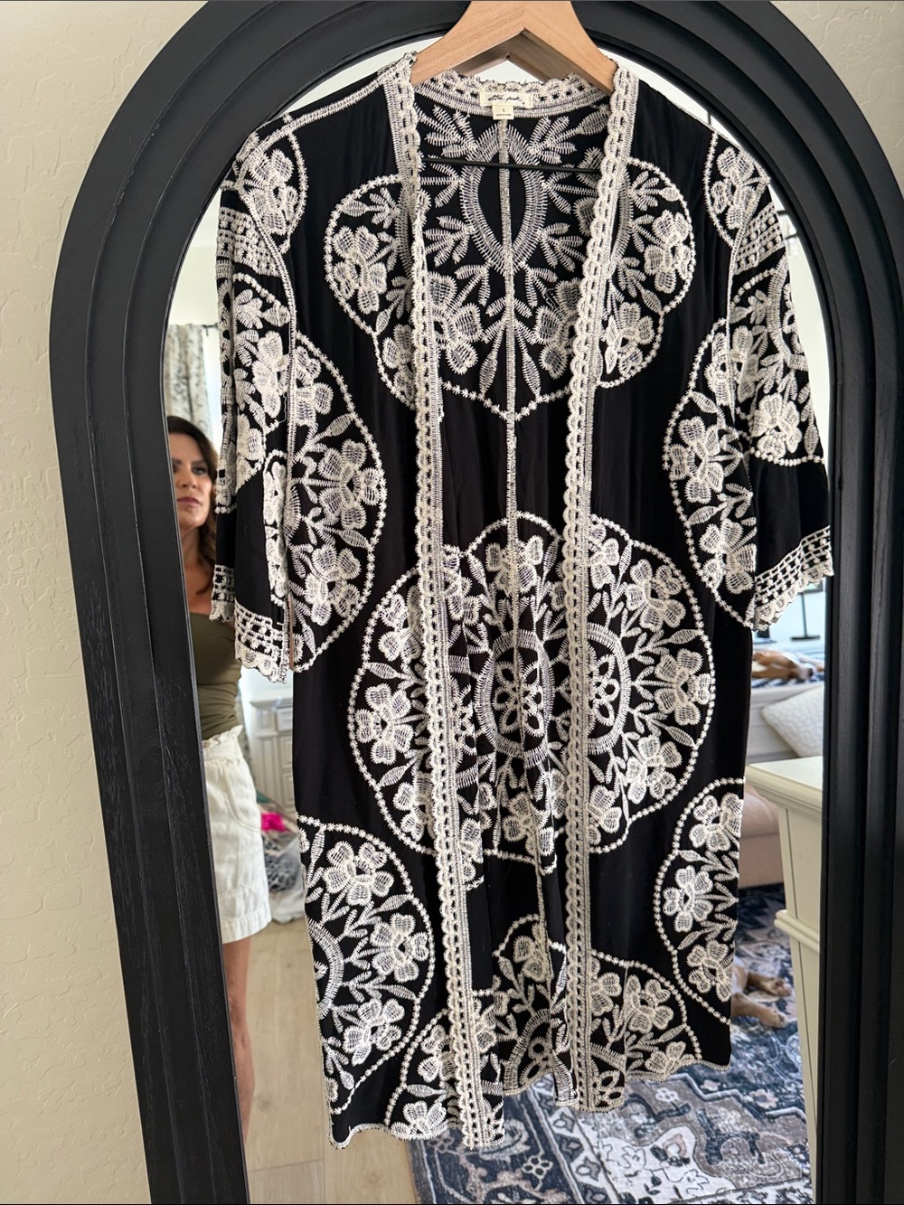 Ultra Pink Black Kimono Jacket with White Embroidery
